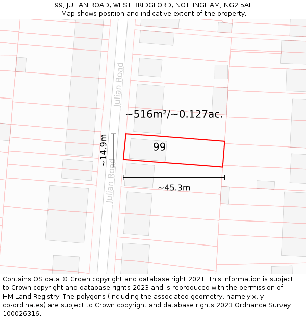 99, JULIAN ROAD, WEST BRIDGFORD, NOTTINGHAM, NG2 5AL: Plot and title map