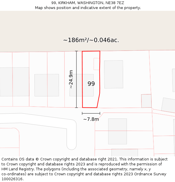 99, KIRKHAM, WASHINGTON, NE38 7EZ: Plot and title map