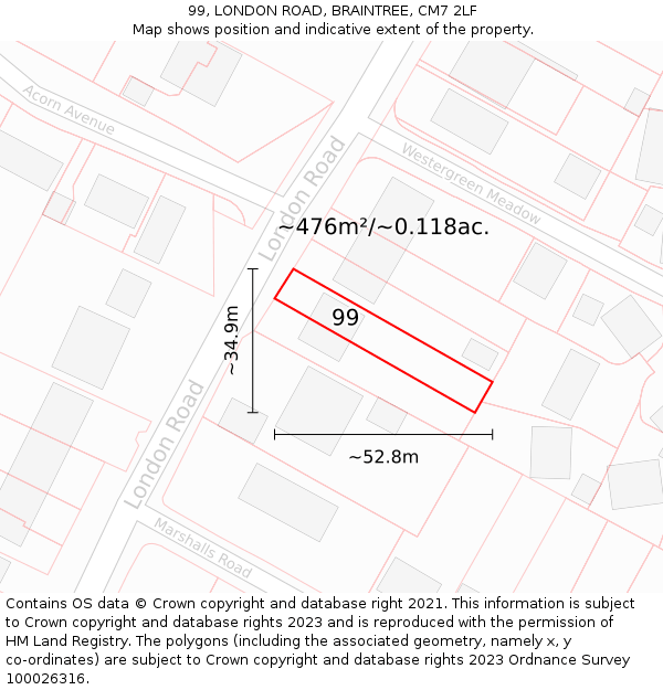 99, LONDON ROAD, BRAINTREE, CM7 2LF: Plot and title map