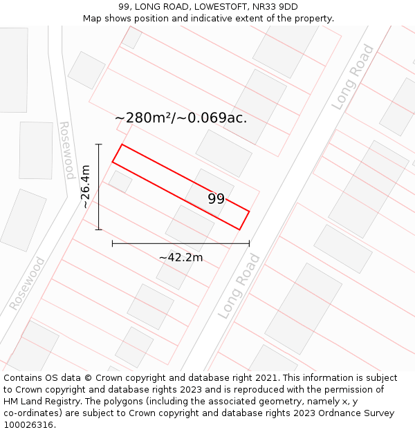 99, LONG ROAD, LOWESTOFT, NR33 9DD: Plot and title map