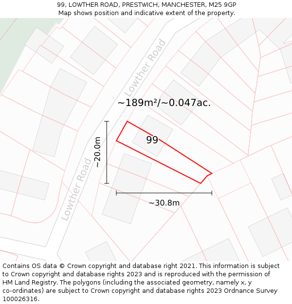 99, LOWTHER ROAD, PRESTWICH, MANCHESTER, M25 9GP: Plot and title map