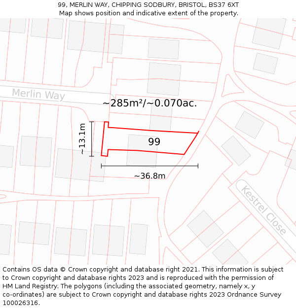 99, MERLIN WAY, CHIPPING SODBURY, BRISTOL, BS37 6XT: Plot and title map