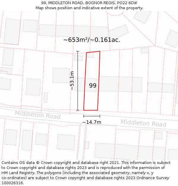 99, MIDDLETON ROAD, BOGNOR REGIS, PO22 6DW: Plot and title map