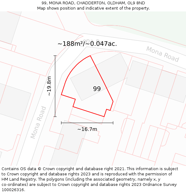 99, MONA ROAD, CHADDERTON, OLDHAM, OL9 8ND: Plot and title map
