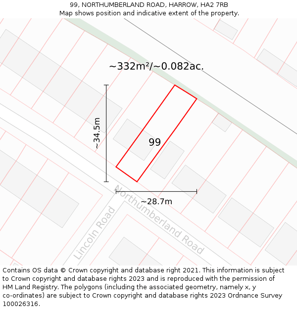 99, NORTHUMBERLAND ROAD, HARROW, HA2 7RB: Plot and title map