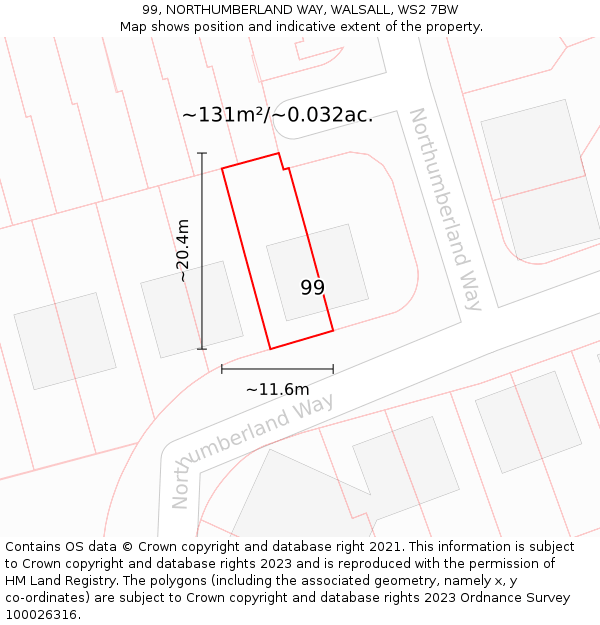 99, NORTHUMBERLAND WAY, WALSALL, WS2 7BW: Plot and title map