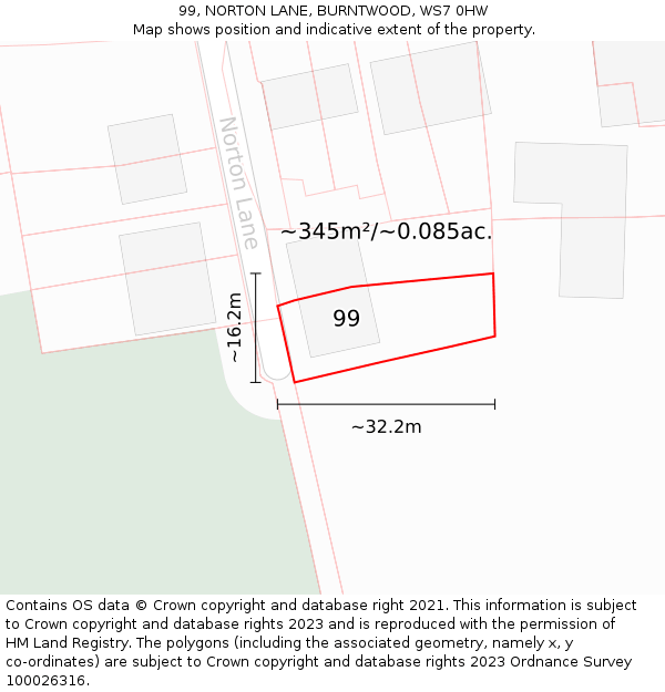 99, NORTON LANE, BURNTWOOD, WS7 0HW: Plot and title map