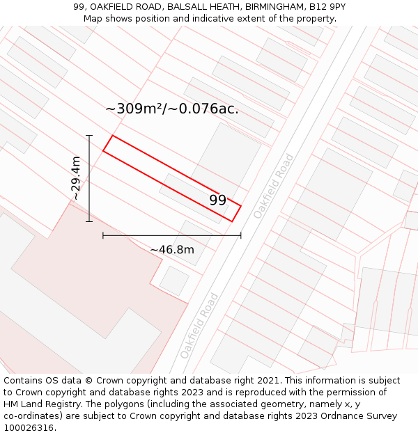 99, OAKFIELD ROAD, BALSALL HEATH, BIRMINGHAM, B12 9PY: Plot and title map