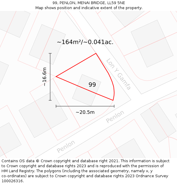 99, PENLON, MENAI BRIDGE, LL59 5NE: Plot and title map