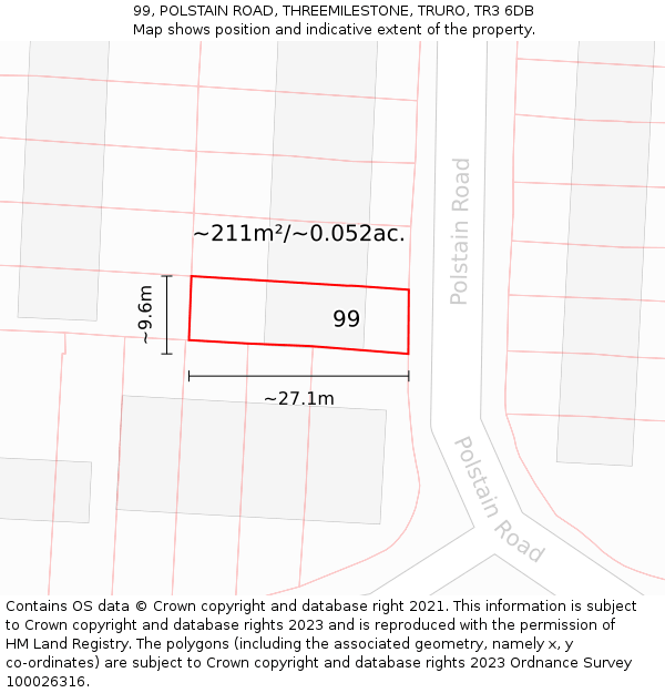 99, POLSTAIN ROAD, THREEMILESTONE, TRURO, TR3 6DB: Plot and title map