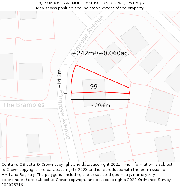 99, PRIMROSE AVENUE, HASLINGTON, CREWE, CW1 5QA: Plot and title map