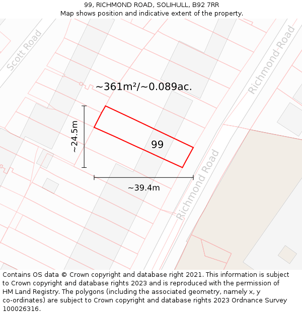 99, RICHMOND ROAD, SOLIHULL, B92 7RR: Plot and title map