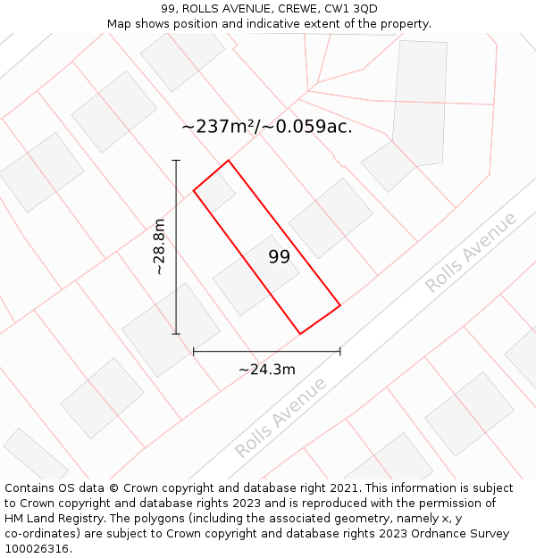 99, ROLLS AVENUE, CREWE, CW1 3QD: Plot and title map