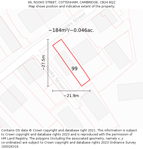 99, ROOKS STREET, COTTENHAM, CAMBRIDGE, CB24 8QZ: Plot and title map