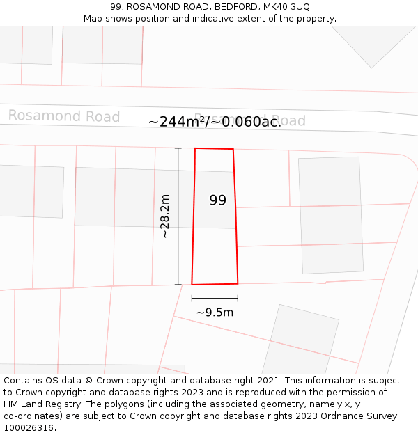 99, ROSAMOND ROAD, BEDFORD, MK40 3UQ: Plot and title map