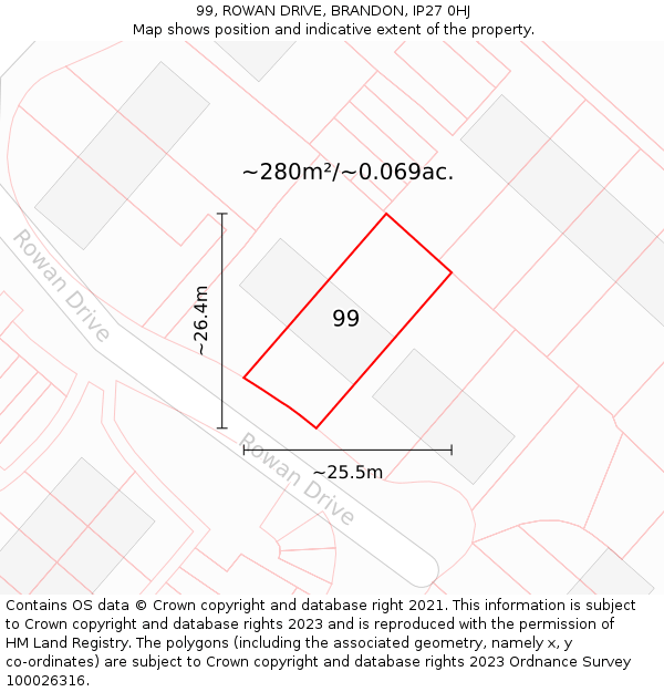 99, ROWAN DRIVE, BRANDON, IP27 0HJ: Plot and title map