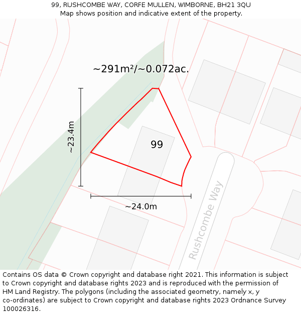 99, RUSHCOMBE WAY, CORFE MULLEN, WIMBORNE, BH21 3QU: Plot and title map