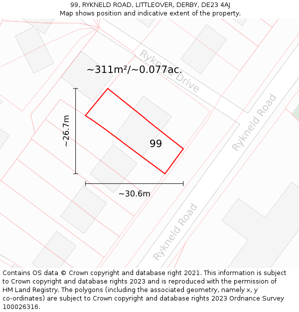 99, RYKNELD ROAD, LITTLEOVER, DERBY, DE23 4AJ: Plot and title map