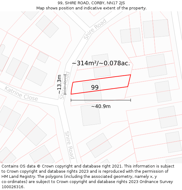 99, SHIRE ROAD, CORBY, NN17 2JS: Plot and title map