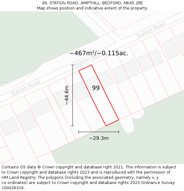 99, STATION ROAD, AMPTHILL, BEDFORD, MK45 2RE: Plot and title map