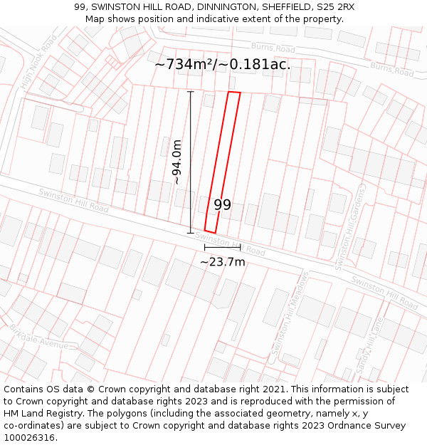 99, SWINSTON HILL ROAD, DINNINGTON, SHEFFIELD, S25 2RX: Plot and title map