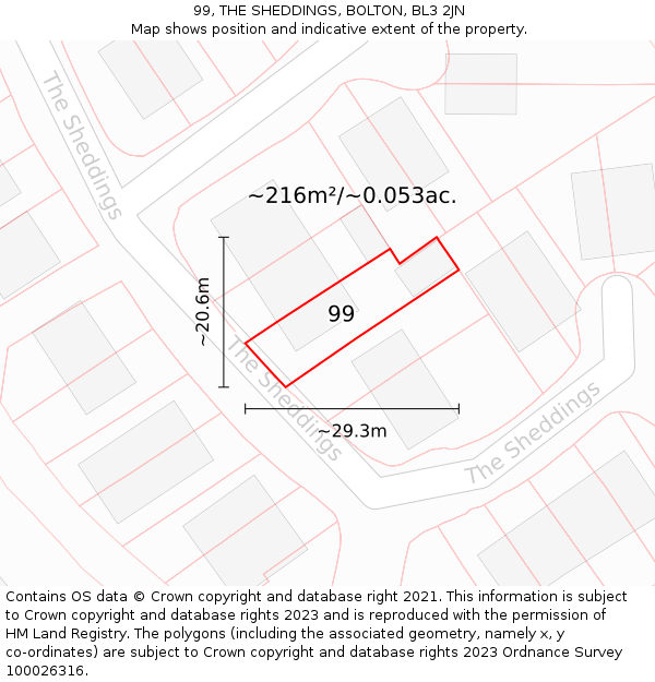 99, THE SHEDDINGS, BOLTON, BL3 2JN: Plot and title map