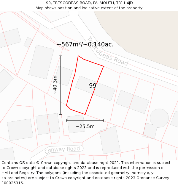 99, TRESCOBEAS ROAD, FALMOUTH, TR11 4JD: Plot and title map