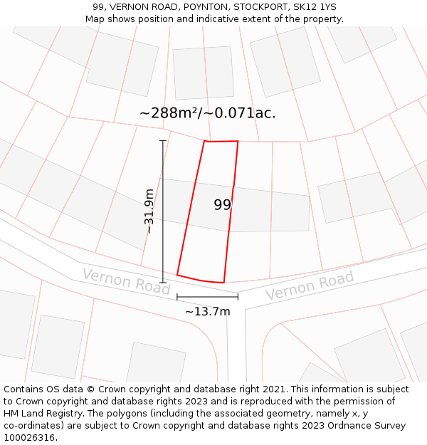 99, VERNON ROAD, POYNTON, STOCKPORT, SK12 1YS: Plot and title map