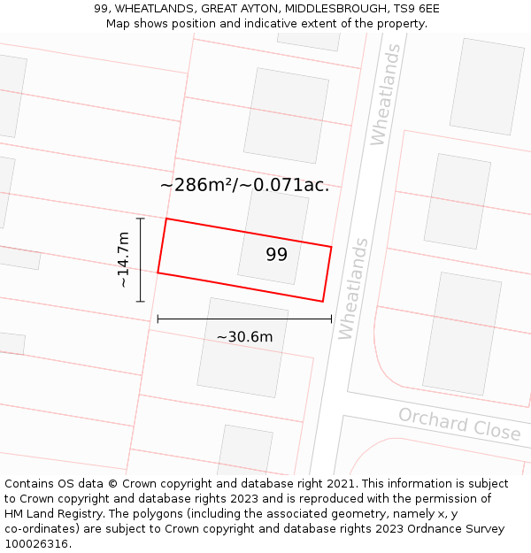 99, WHEATLANDS, GREAT AYTON, MIDDLESBROUGH, TS9 6EE: Plot and title map