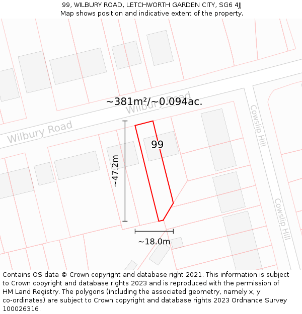 99, WILBURY ROAD, LETCHWORTH GARDEN CITY, SG6 4JJ: Plot and title map