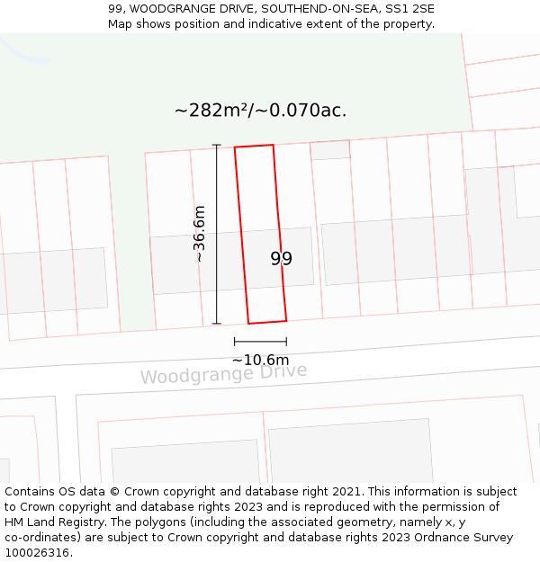 99, WOODGRANGE DRIVE, SOUTHEND-ON-SEA, SS1 2SE: Plot and title map