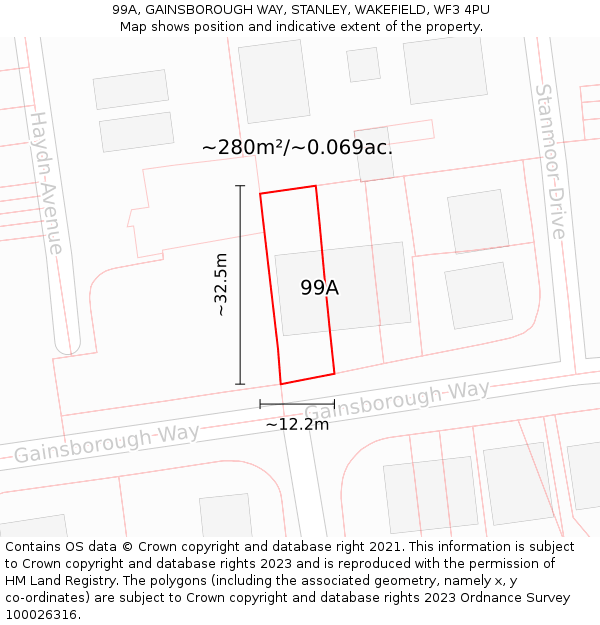 99A, GAINSBOROUGH WAY, STANLEY, WAKEFIELD, WF3 4PU: Plot and title map