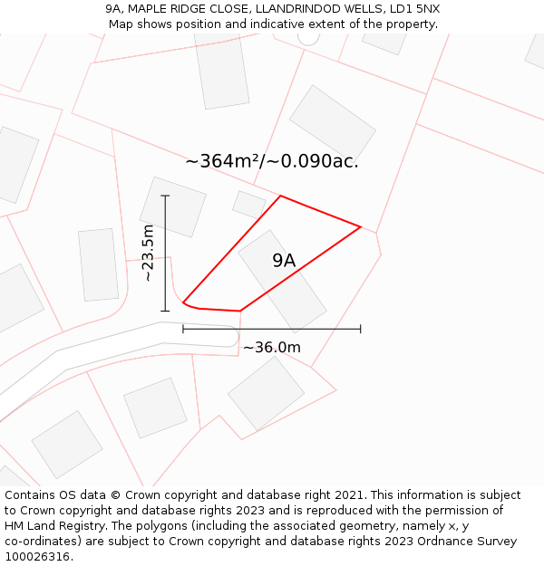 9A, MAPLE RIDGE CLOSE, LLANDRINDOD WELLS, LD1 5NX: Plot and title map