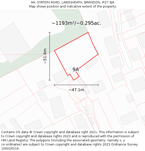 9A, STATION ROAD, LAKENHEATH, BRANDON, IP27 9JA: Plot and title map