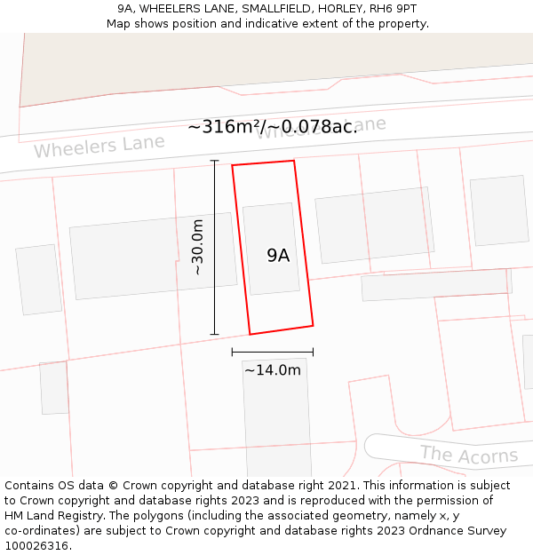 9A, WHEELERS LANE, SMALLFIELD, HORLEY, RH6 9PT: Plot and title map