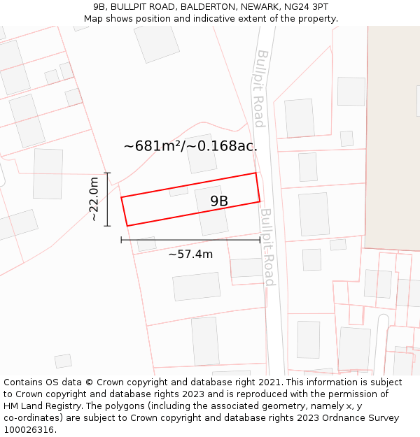 9B, BULLPIT ROAD, BALDERTON, NEWARK, NG24 3PT: Plot and title map