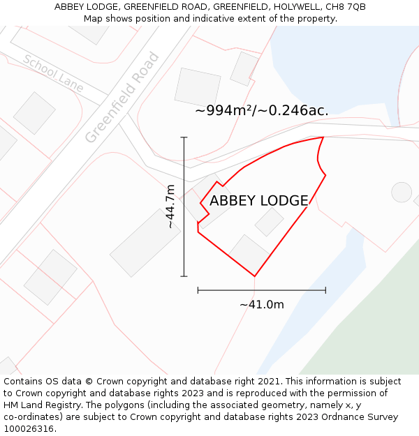 ABBEY LODGE, GREENFIELD ROAD, GREENFIELD, HOLYWELL, CH8 7QB: Plot and title map