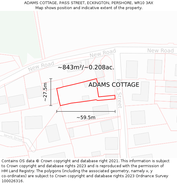 ADAMS COTTAGE, PASS STREET, ECKINGTON, PERSHORE, WR10 3AX: Plot and title map