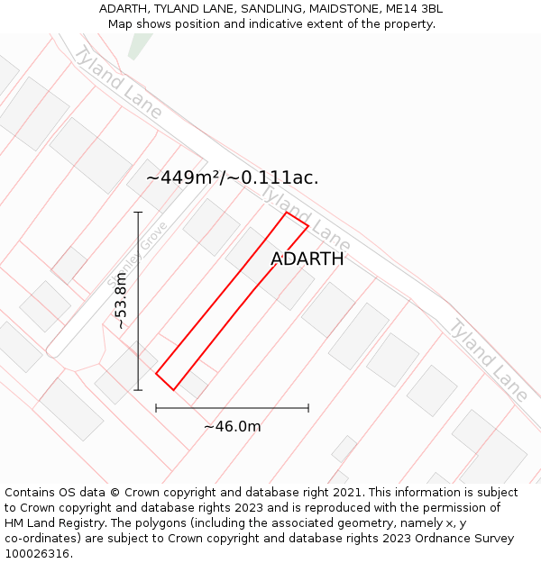 ADARTH, TYLAND LANE, SANDLING, MAIDSTONE, ME14 3BL: Plot and title map