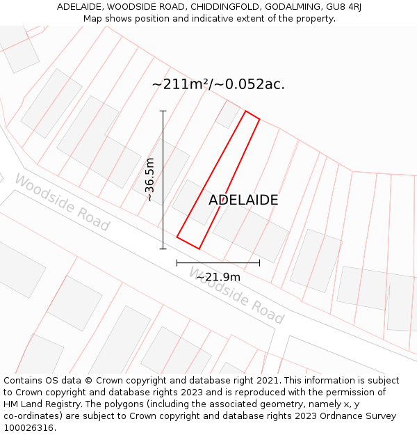 ADELAIDE, WOODSIDE ROAD, CHIDDINGFOLD, GODALMING, GU8 4RJ: Plot and title map