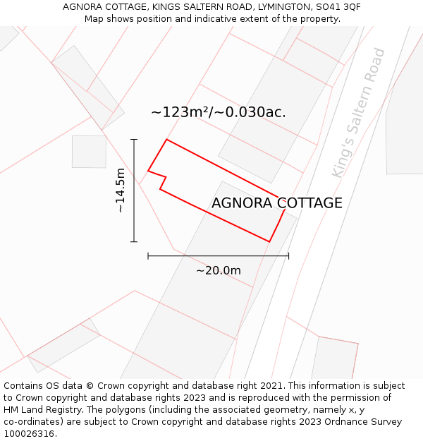 AGNORA COTTAGE, KINGS SALTERN ROAD, LYMINGTON, SO41 3QF: Plot and title map