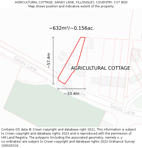 AGRICULTURAL COTTAGE, SANDY LANE, FILLONGLEY, COVENTRY, CV7 8DD: Plot and title map