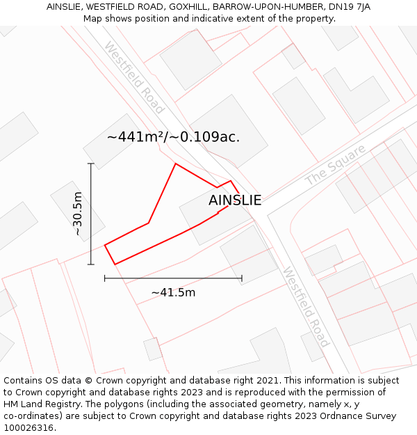 AINSLIE, WESTFIELD ROAD, GOXHILL, BARROW-UPON-HUMBER, DN19 7JA: Plot and title map