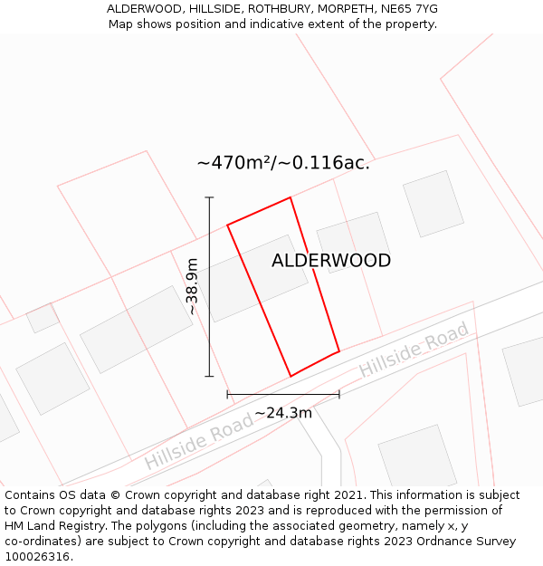 ALDERWOOD, HILLSIDE, ROTHBURY, MORPETH, NE65 7YG: Plot and title map