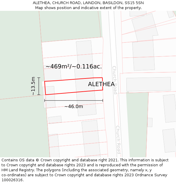 ALETHEA, CHURCH ROAD, LAINDON, BASILDON, SS15 5SN: Plot and title map