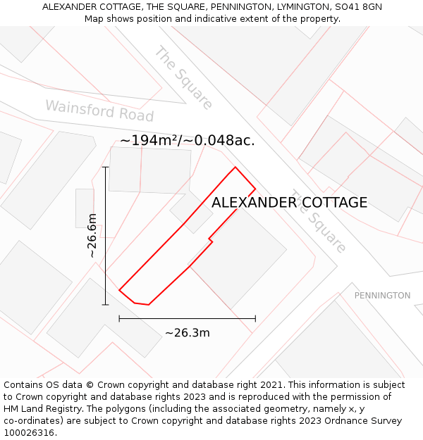 ALEXANDER COTTAGE, THE SQUARE, PENNINGTON, LYMINGTON, SO41 8GN: Plot and title map