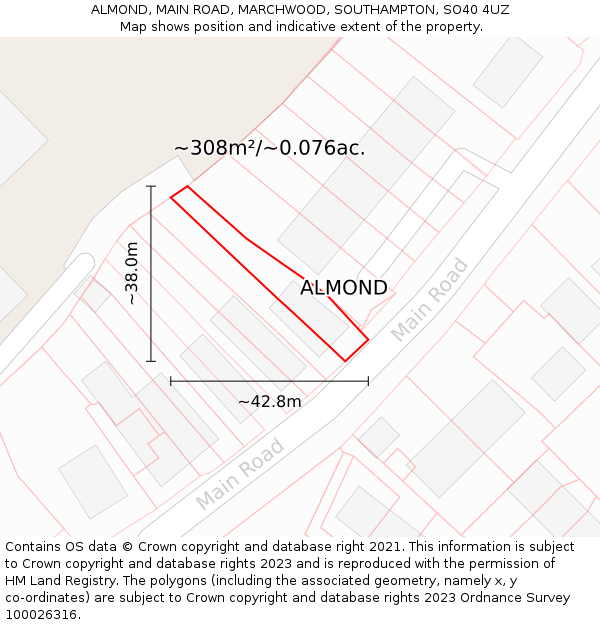 ALMOND, MAIN ROAD, MARCHWOOD, SOUTHAMPTON, SO40 4UZ: Plot and title map