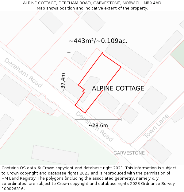 ALPINE COTTAGE, DEREHAM ROAD, GARVESTONE, NORWICH, NR9 4AD: Plot and title map