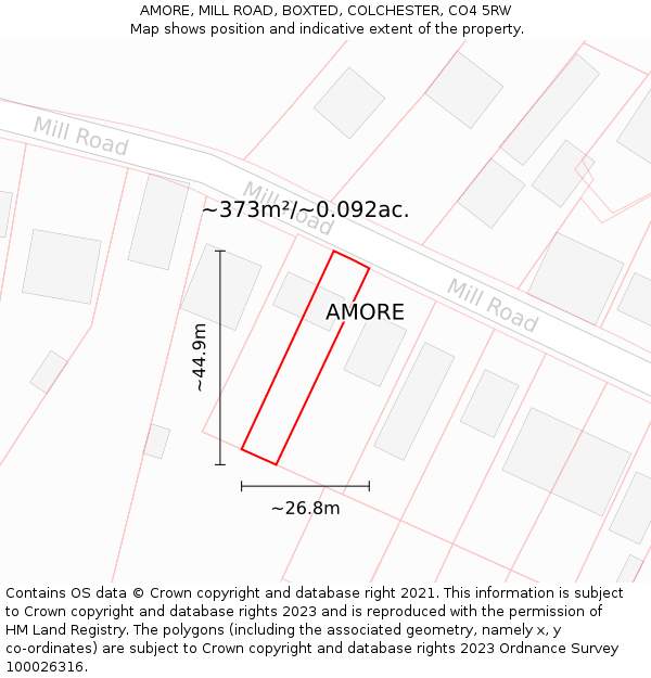 AMORE, MILL ROAD, BOXTED, COLCHESTER, CO4 5RW: Plot and title map