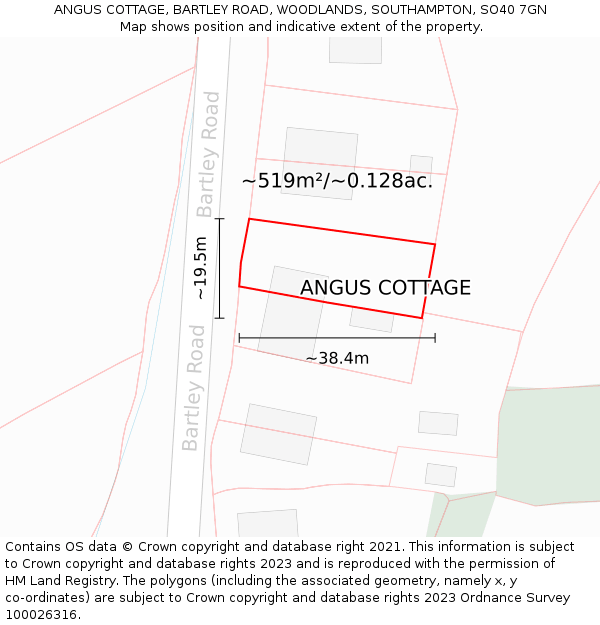 ANGUS COTTAGE, BARTLEY ROAD, WOODLANDS, SOUTHAMPTON, SO40 7GN: Plot and title map